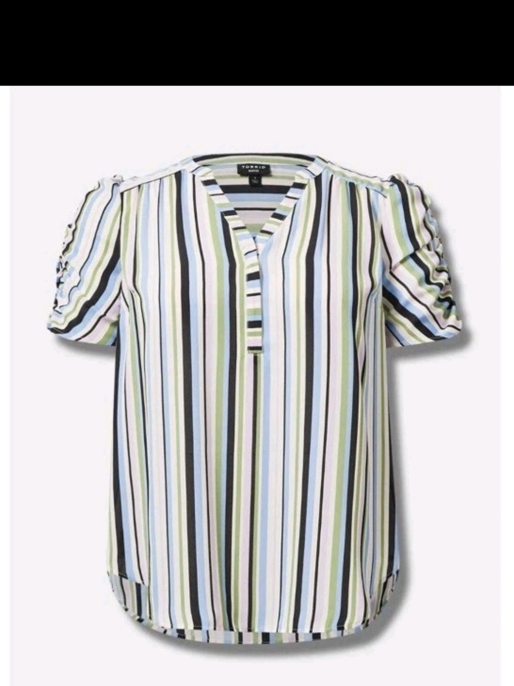 Striped Rouched-Sleeve V-Neck Blouse - Picture 3 of 8